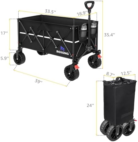 ROSONG Collapsible Wagon Cart with Wheels Foldable - Folding Utility Heavy Duty Wagons Carts for Grocery Sports Garden Shopping Camping Wheelbarrows (Black, 150L)