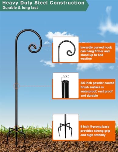 Koutemie 76 Inch Shepherds Hooks for Outdoor Hanging Plant, 2 Pcs