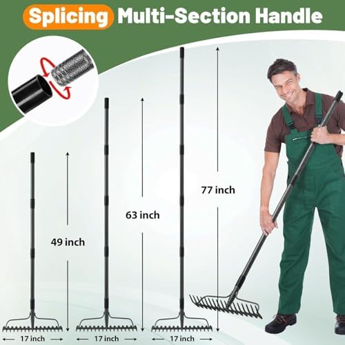 Garden Rake, 60 Inch Long Handle with 17 Tongs, Heavy Duty Metal Bow Rake for Loosening Leveling Soil, Garden Leaf Rake for Raking Leaves Grass , Weeding, Yard Thatch Lawn Care Garden Tool