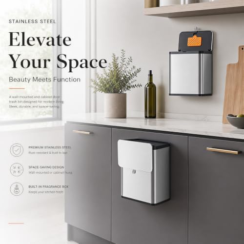 2.1 Gal Hanging Trash Can with Lid, Kitchen Compost Bin Stainless Steel Garbage Can for Kitchen Cabinet Door Under Sink Bathroom