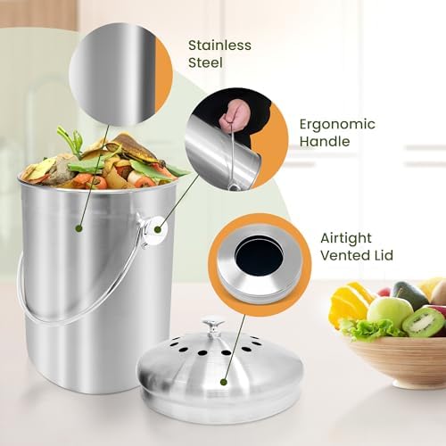 Reli. 1.3 Gallon Stainless Steel Compost Bin for Kitchen | Charcoal Filters