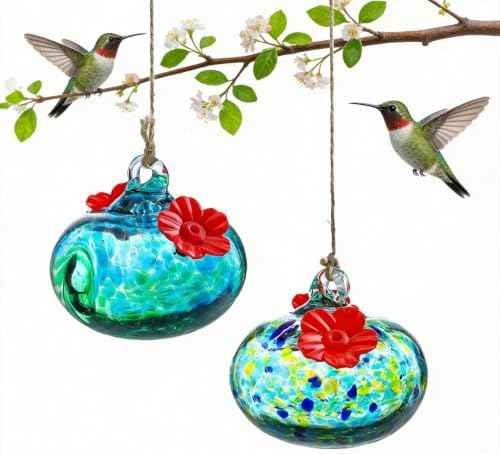 2pcs Small Glass Hummingbird Feeder for Outdoors with 2 Flower Feeding Port