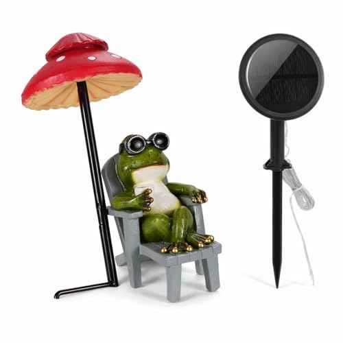 Little Frog Garden Statue with mini Patio Mushroom Solar Lights Outdoor Figurines Halloween Home Decor Fairy Garden Accessories Small Lawn Ornaments 4.5"x4.5"x2.6"