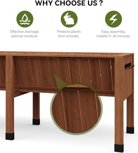 72x26x30 Inch Raised Garden Bed With Leg, Elevated Wood Planter Box Stand for Vegetables, Herbs & Flowers, 6x2x2.5 Ft Outdoor Standing Planter w/Hooks,13.7In Depth Plante for Backyard, Patio, Balcony