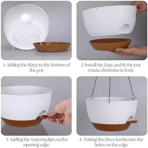 TYMENSH Hanging Plant Pots 12 Inch Set of 2, Self Watering Hanging Planters with Drainage Holes, Removable Saucer, Durable Plastic Flower Pots with Chains for Indoor Outdoor Plants, White