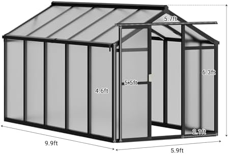 6x10 FT Greenhouse for Outdoors, Polycarbonate Greenhouse with Roof Vent, Ground Nails, Lockable Push Door, Aluminum Large Walk-in Green House for Outside Garden Backyard, Patio, Lawn, Black