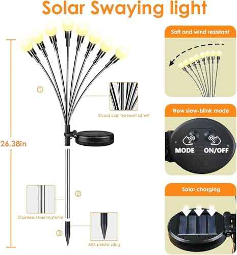 Solar Garden Lights Outdoor 8 Pack 64 LED Solar Firefly Lights Warm White | Auto ON/OFF, 2 Modes, Swaying with Wind, IP65 Waterproof Fairy Lights for Outside Yard, Path, Patio, Lawn, Flower Bed Decor