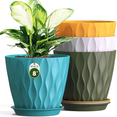8 Inch Plant Pots 4 Pack Plastic Planters with Drainage & Saucers