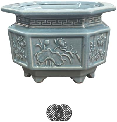 8-Inch Large Octagon Bonsai Pot Light Blue Water Glaze