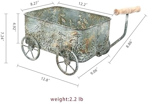Vintage Flower Cart with Wooden Handles Metal Wagon Planter Blue