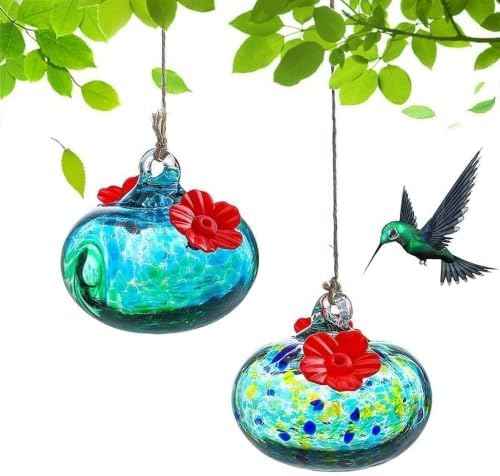 2pcs Small Glass Hummingbird Feeder for Outdoors with 2 Flower Feeding Port