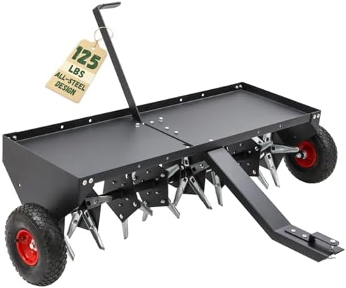 Doniks 52-Inch Tow Behind Lawn Plug Aerator with Universal Hitch, Lawn Aerator Tow Behind with 40 Galvanised Steel Tines,Tray and Inflatable Wheels for Gardens, Lawns, Farms