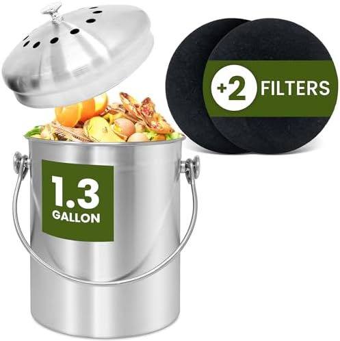 Reli. 1.3 Gallon Stainless Steel Compost Bin for Kitchen | Charcoal Filters