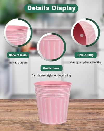vensovo 6 Inch Pink Metal Rustic Flower Pots - 6Pcs Medium Galvanized