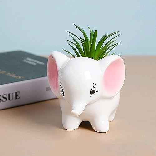 Cute Animal Elephant Shaped Ceramic Succulent Cactus Air Plant Flower Pots Planters-Plant Not Included (Pink&White)