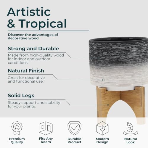 Modern Ceramic Planter with Wooden Stand – Stoneware Plant Pot Holder