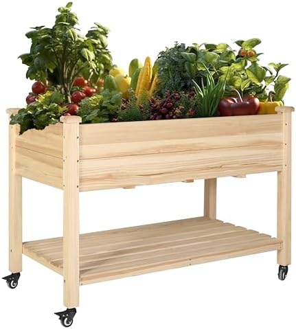 MUPATER 4x2FT Cedar Raised Garden Bed, Rolling Wood Planter Box with