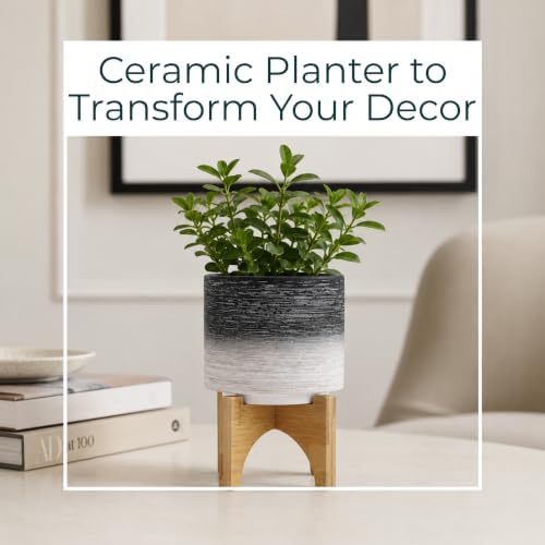 Modern Ceramic Planter with Wooden Stand – Stoneware Plant Pot Holder