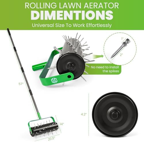 Manual Lawn Aerator Roller Tool 42 Steel Spikes, 57-in Rolling Lawn Aerator