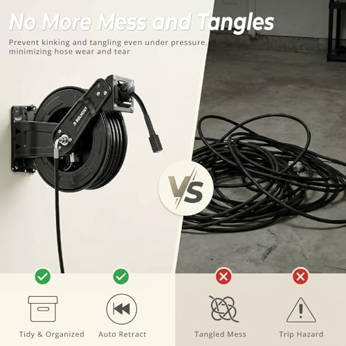 Relhost Pressure Washer Hose Reel, 65 ft x 1/4 inch Retractable Power