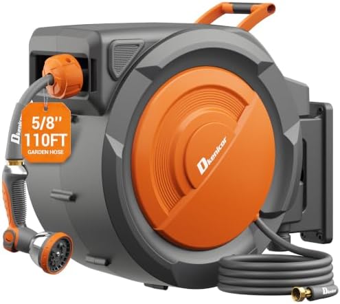 Retractable Garden Hose, 5/8" × 110 ft Wall Mounted Garden Hose Reel
