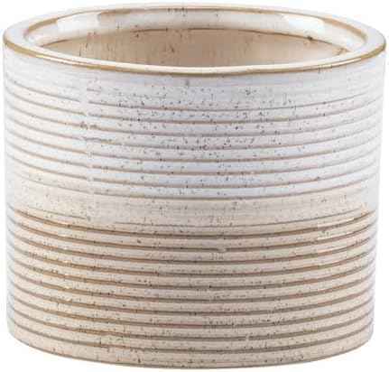 Napco Minimalist Scandinavian Ceramic Planter – Small 3.5 x 4.25 Inch White and Beige Ribbed Flower Pot | Modern Organic Decorative Planter for House Plants, Succulents & Herbs, Home or Office Décor
