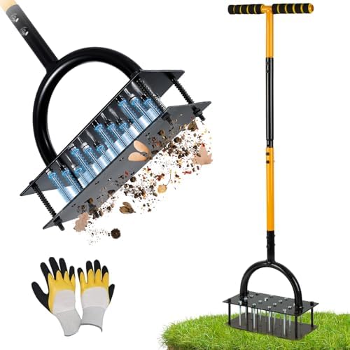 Lawn Aerator Tool with 16 Steel Spikes, Grass Aerator Lawn Tools with Spring-Loaded Design & Adjustable T-Handle, Pre-Assembled Hand Aerator Lawn Tool for Lawn, Courtyard and Garden