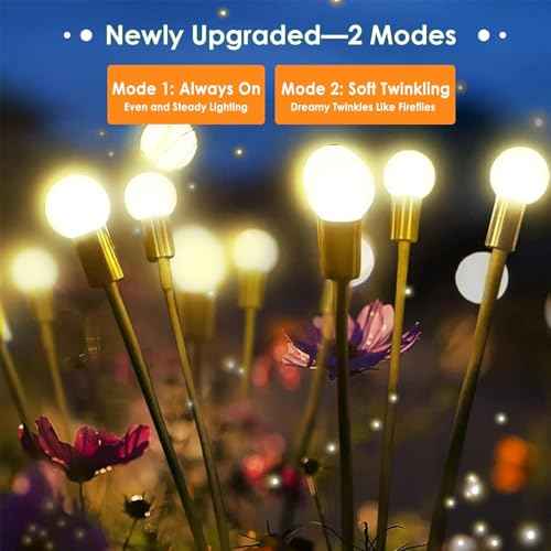Solar Garden Lights Outdoor 8 Pack 64 LED Solar Firefly Lights Warm White | Auto ON/OFF, 2 Modes, Swaying with Wind, IP65 Waterproof Fairy Lights for Outside Yard, Path, Patio, Lawn, Flower Bed Decor