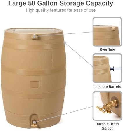 RTS Home Accents 50-Gallon Rain Water Collection Barrel with Brass Spigot, Oak Color
