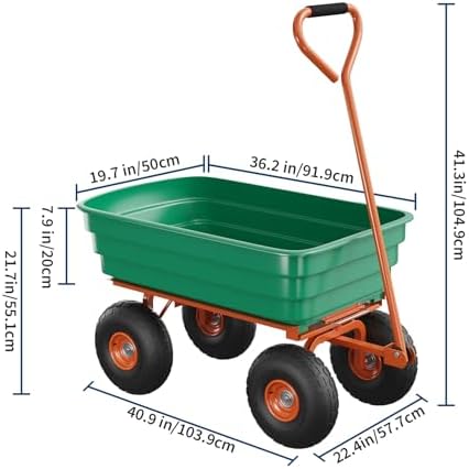 Heavy Duty Yard Wagon Dump Cart - 4 Cu Ft 1200Lbs Capacity Utility Wagon with 10" No-Flat Tires,Garden 4 Wheel Cart,180° Rotating Handle for Garden, Landscaping, Farming