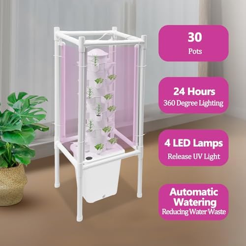 Hydroponic Tower Growing System Kits with LED Grow Lights 30 Pods Indoor Vertical Planter Germination Kit 6 Layers Hydroponic Tower for Fruits, Vegetables, Herbs, and Miniature Greens (White)