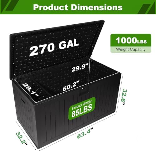 270 Gallon Outdoor Storage Box, Waterproof Extra Large Resin Deck Box