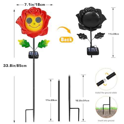 Solar Garden Light Waterproof Smile Rose Decor with Moving Eyes | Iron construction, for garden yard patio, solar powered, animated moving eyes smile, gift for mom grandma,Christmas decor