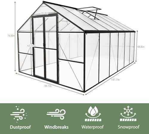 8 x 12 FT Outdoor Greenhouse, Heavy-Duty Polycarbonate Greenhouse with Aluminum Frame, Lockable Door, Adjustable Roof Vent, Walk-in Green House for Backyard, Garden, Patio