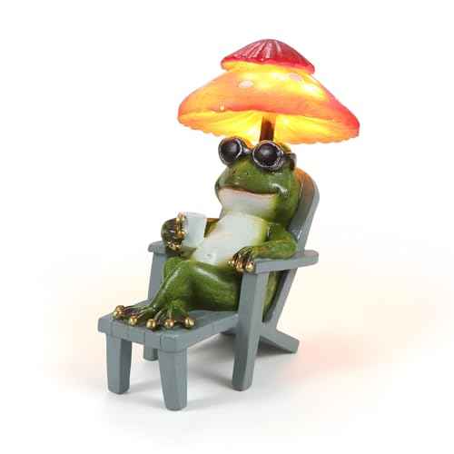 Little Frog Garden Statue with mini Patio Mushroom Solar Lights Outdoor Figurines Halloween Home Decor Fairy Garden Accessories Small Lawn Ornaments 4.5"x4.5"x2.6"
