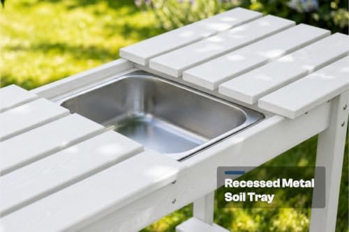 All-Weather HDPE Outdoor Potting Bench with Removable Sink, Expandable Gardening Work Station with Sliding Tabletop, Built-in Wheels, Heavy Duty Planting Table for Outside Patio, White