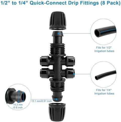 Quick Connect 1/2 to 1/4 Drip Irrigation Fittings, Upgraded 6-Way Drip Irrigation Parts 1/2 Inch Irrigation Tubing Anti-Leak Barbed Tee Connectors with 8 End Plugs, 8Pack (0.6-0.67" OD)