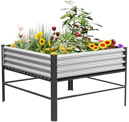 Doniks Raised Garden Bed with Legs, 48×48×32in Large Outdoor Metal Galvanized Garden Planting Box,1000lb Capacity for Vegetables Lawn Green Flowers, Fruits, Terrace