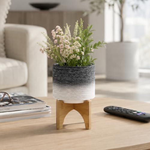 Modern Ceramic Planter with Wooden Stand – Stoneware Plant Pot Holder