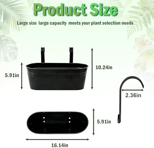 Metal Railing Planter Boxes 16 Inch, 3-Pack Adjustable Hanging Flower Pots for Balcony, Deck, Porch & Fence, Detachable Hook Design, Black Heavy Duty Planters for Outdoor