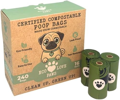 100% Certified Home Compostable Dog Poop Bags, Extra Thick, Plant-Based, Plastic-Free, Unscented, 240 Bags (16 Rolls), Leakproof & Easy Open