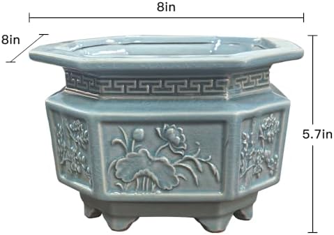 8-Inch Large Octagon Bonsai Pot Light Blue Water Glaze