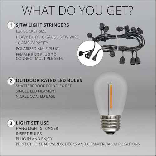 Wintergreen Lighting 15ft S14 Patio Lights Outdoor Waterproof 10 Shatterproof Bulbs on Suspended Sockets Heavy Duty String Lights for Outside, Connectable ETL Listed String Lights