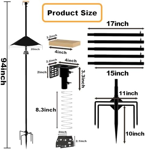 Smart Bird Feeder Pole With Metal Squirrel Baffle,94 Inches Bird House Poles For Outdoors,1-Inch Dia Heavy-Duty Pole For Bird Feeder,Squirrel Proof Baffle with Stainless Steel Spring for Defense.