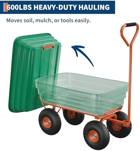 Heavy Duty Yard Wagon Dump Cart - 4 Cu Ft 1200Lbs Capacity Utility Wagon with 10" No-Flat Tires,Garden 4 Wheel Cart,180° Rotating Handle for Garden, Landscaping, Farming