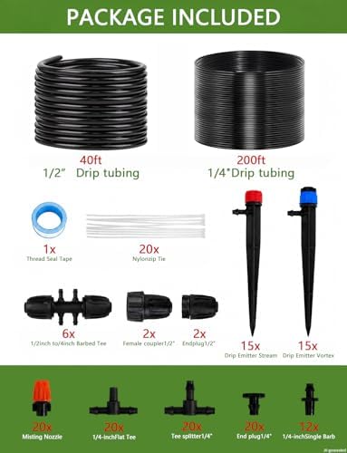 240FT Drip Irrigation System kit, Upgrade Automatic Garden Watering Kit with 1/2 inch Main Tubing ＆1/4 inch Distribution Hose, Quick-Connect Drip Irrigation Kit for Raised Bed, Greenhouse, Lawn, Patio