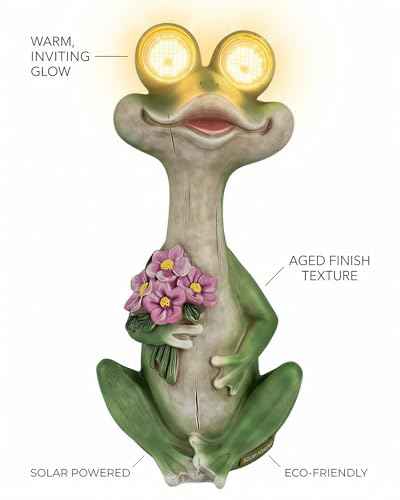 Solar Frog Garden Statue with Blinking Light-Up Eyes, Resin Outdoor Garden Decor Frog Holding Flowers, Waterproof Animal Figurine for Patio Lawn Yard Porch Balcony (Green)