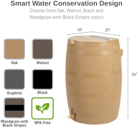 RTS Home Accents 50-Gallon Rain Water Collection Barrel with Brass Spigot, Oak Color