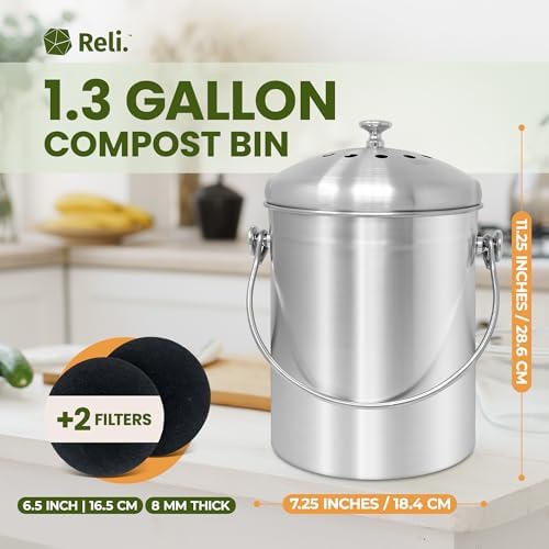 Reli. 1.3 Gallon Stainless Steel Compost Bin for Kitchen | Charcoal Filters