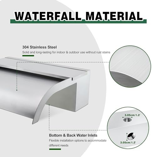 Waterfall Spillway, Stainless Steel Pool Fountain w/Top Open Lip &